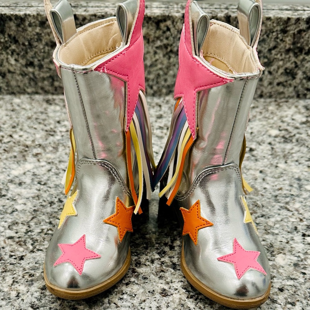 Silver Kids Boots with Pink, Orange and Yellow Stars